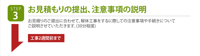 お見積もりの提出、注意事項の説明　お見積りのご提出に合わせて、解体工事をするに際しての注意事項や手続きについて
ご説明させていただきます。(30分程度)